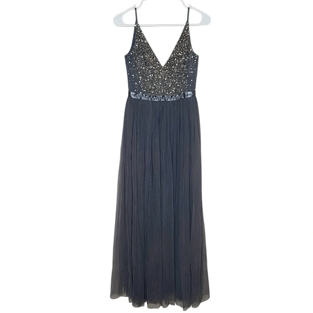 BHLDN Anthropologie Avery Beaded Tulle Maxi Dress Gown in Hydrangea Size 0